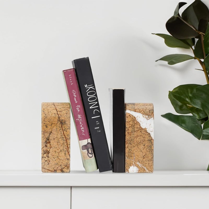 Koville Indian Natural Marble Bookends for Shelves, Decorative Book Ends, 7lbs Heavy-Duty Marble Book Holders, Bookshelf Apartment Decor for Normal Books/CD/Video Games(Rainforest Gold) - Image 4